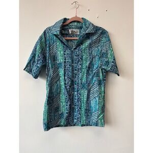 Vintage‎ Hilo Hattie Shirt Mens Medium Blue Green Hawaiian Aloha Button Up 90s
